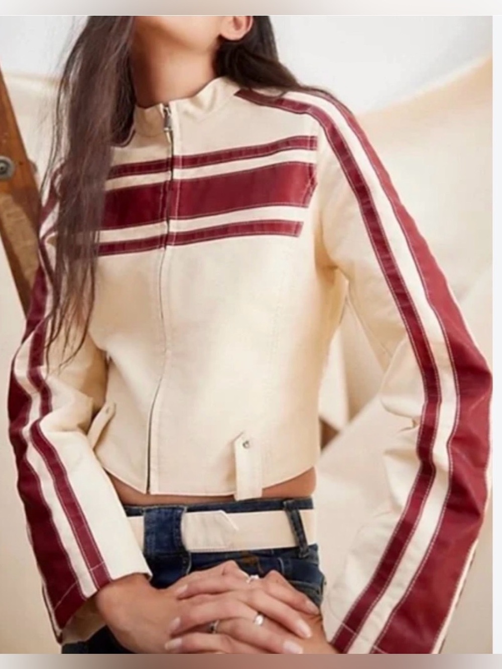 Urban Outfitters Cream & Burgundy Cropped Faux Leather Moto Jacket Size Small